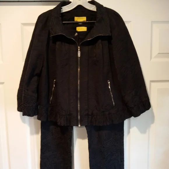 St. John Yellow Label Vintage Navy Blue Dress Suit Zip Jacket Pants Set Y2K, L